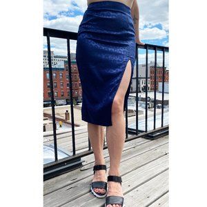 Navy blue leopard satin midi pencil skirt with slit, summer midi skirt